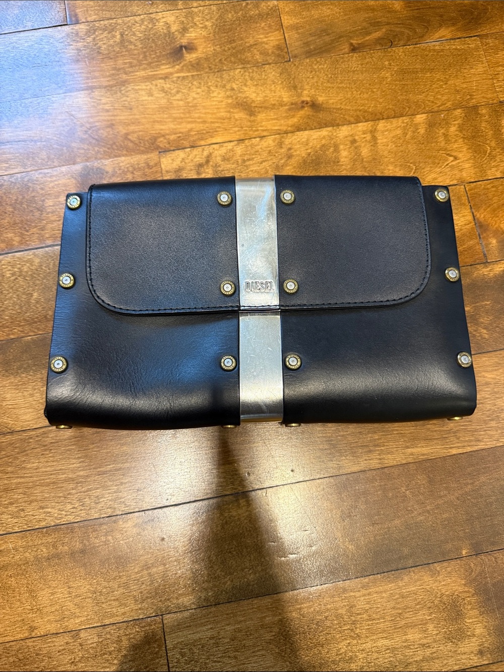 Diesel Black Leather Fold-Over Clutch with Silver Center Band